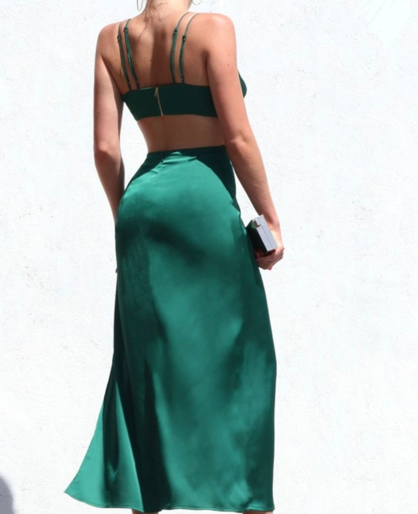 Hunter Green Cutout Satin Long Dress