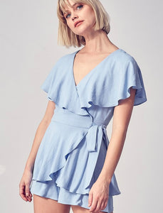 Ruffled Sleeve Baby Blue Romper