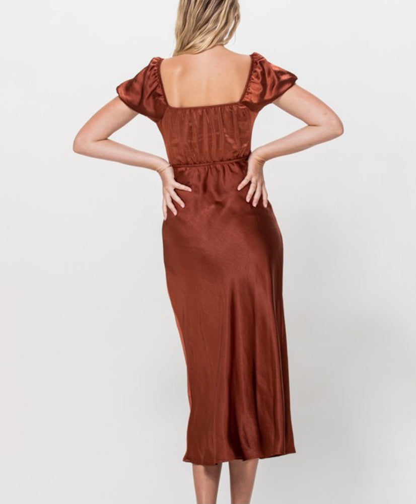 Satin Brown Puff Sleeve Cutout Dress MODALIER Satin Brown Puff Sleeve Cutout Dress MODALIER