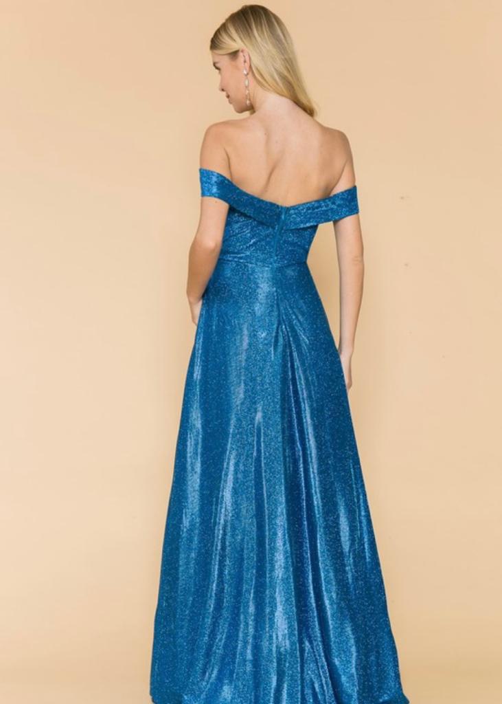 Glittery Blue Off The Shoulder Dress