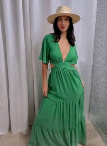 Green Cutout Short Sleeve Maxi Dress