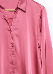 Pink Long Sleeve Satin Button Down Blouse