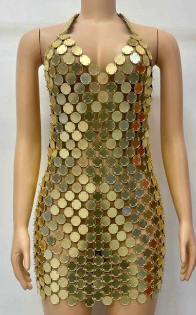 Gold Mirror Disks Mini Dress