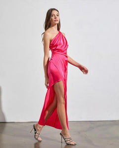 Pink One Shoulder Satin Dress