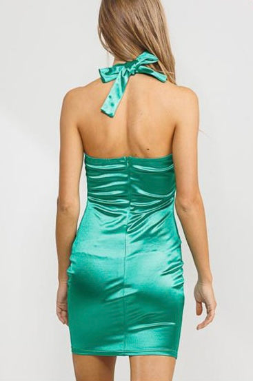 Neon Green Halter Corset Satin Dress