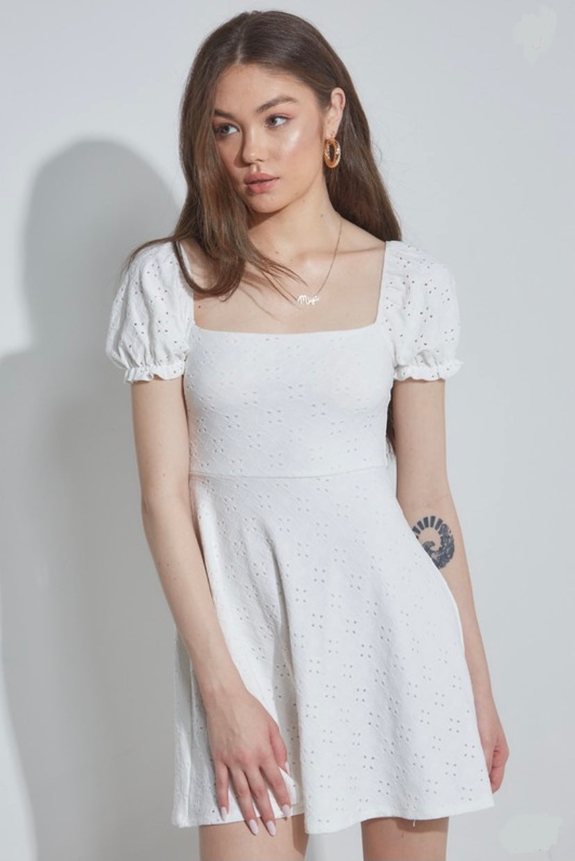 White Eyelet Puff Sleeve Dress