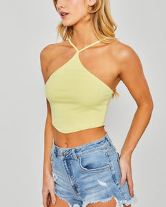 Yellow Ribbed Halter Crop Top