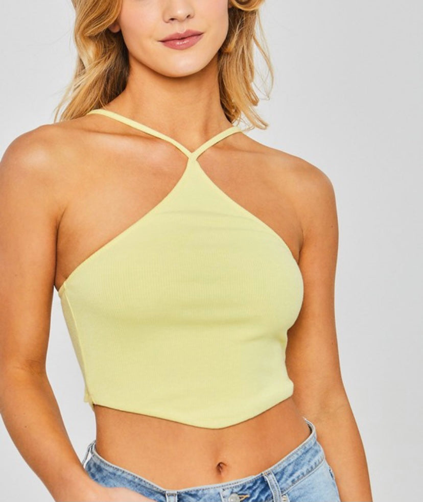 Yellow Ribbed Halter Crop Top