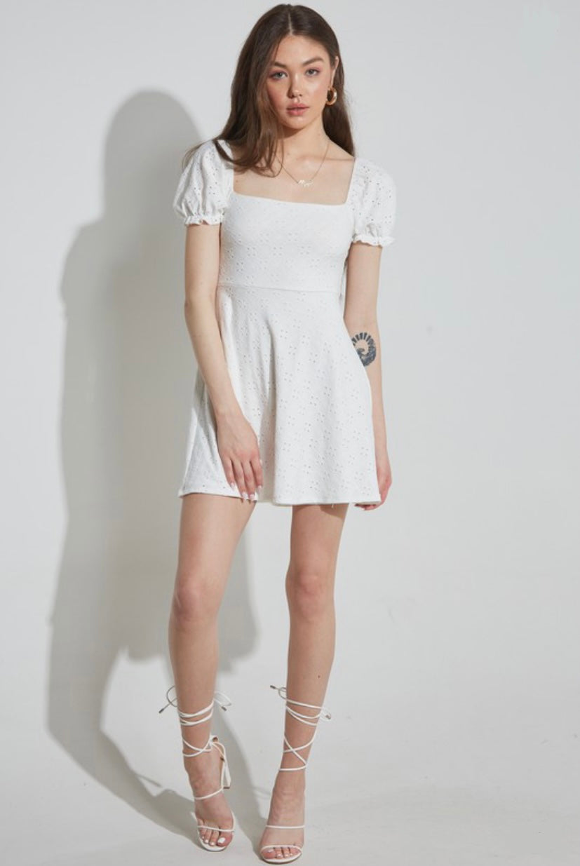 White Eyelet Puff Sleeve Dress