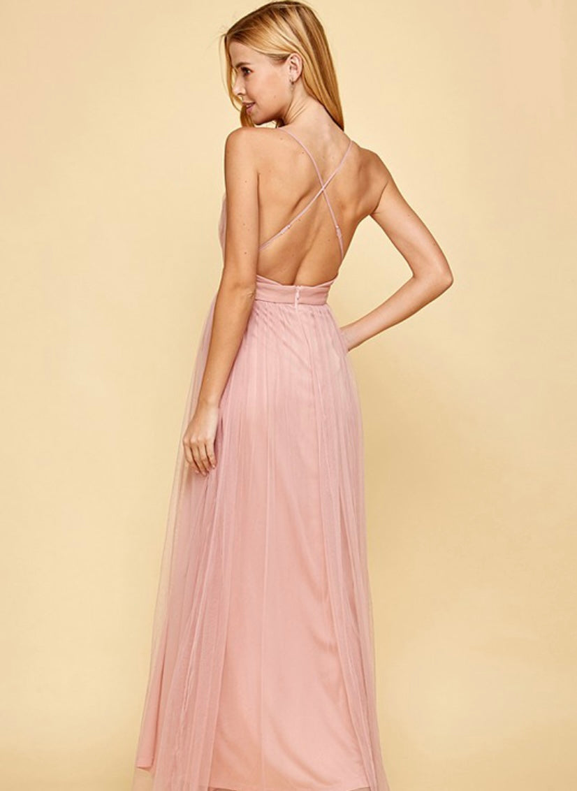 Blush Long Formal Tulle Dress