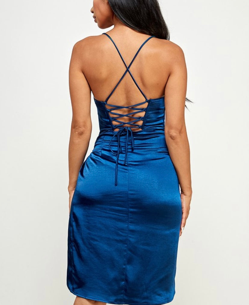 Blue Satin Cowl Neck Corset Dress