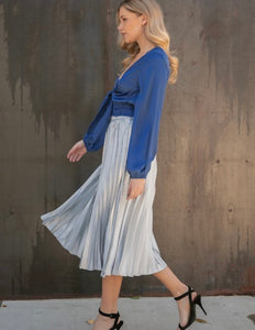 Silver Satin Pleated Midi Skirt