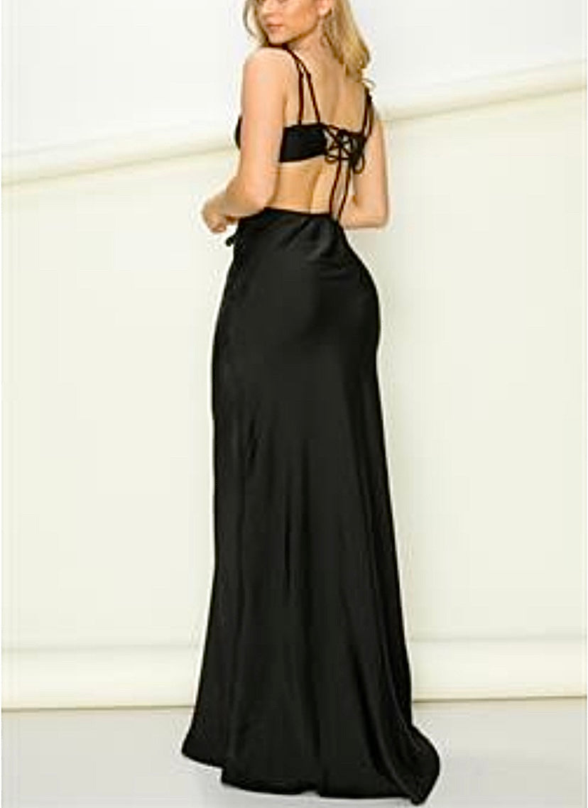 Black Cutout Satin Long Dress