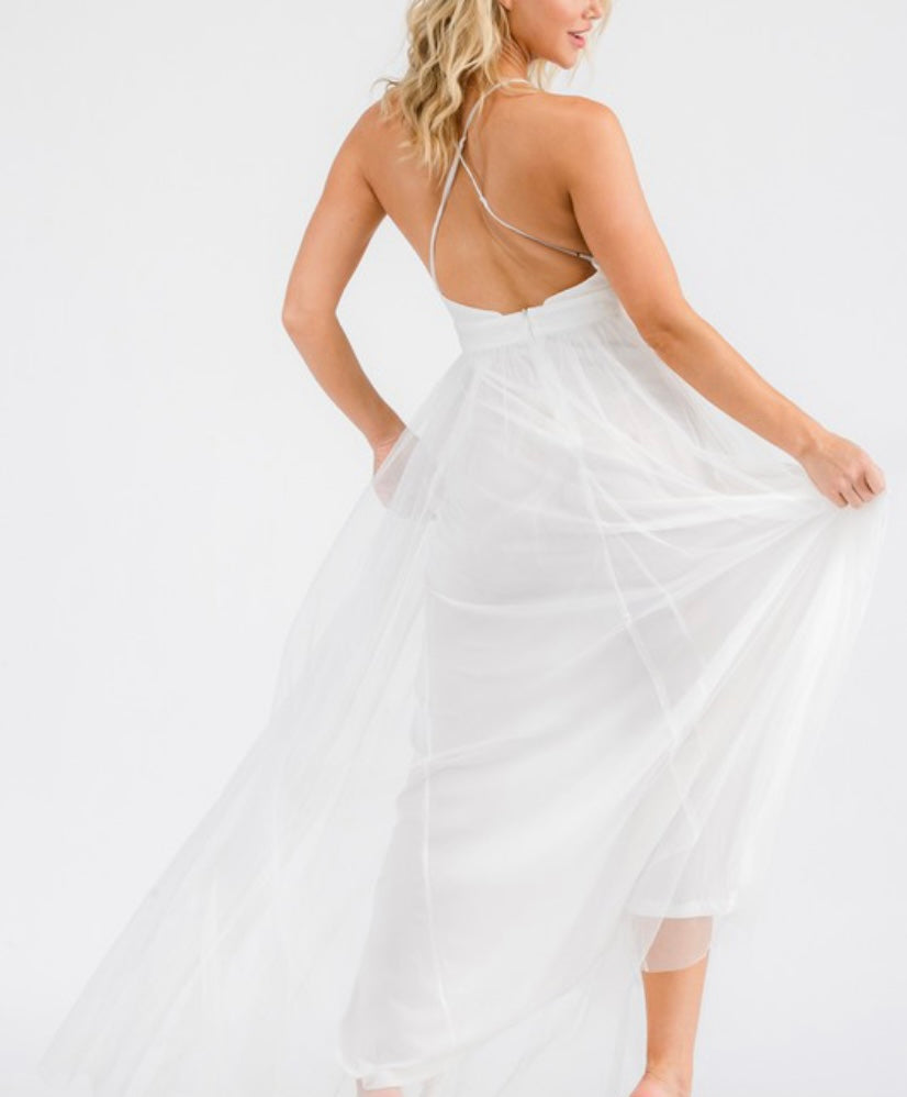 White Long Formal Tulle Dress