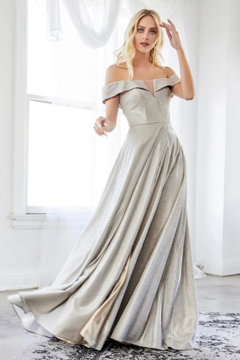 Silver Sparkly Off the Shoulder Long Dress