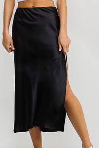 Black High Slit Satin Midi Skirt