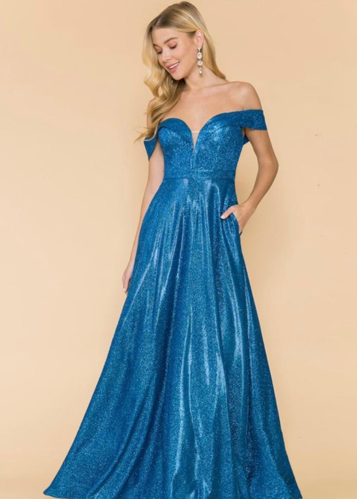 Glittery Blue Off The Shoulder Dress