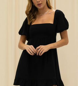 Puff Sleeve Black Short Dress