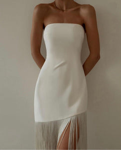 Fringes White Strapless Bodycon Dress