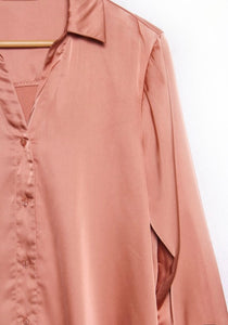 Pinkish Brown Long Sleeve Satin Button Down Blouse