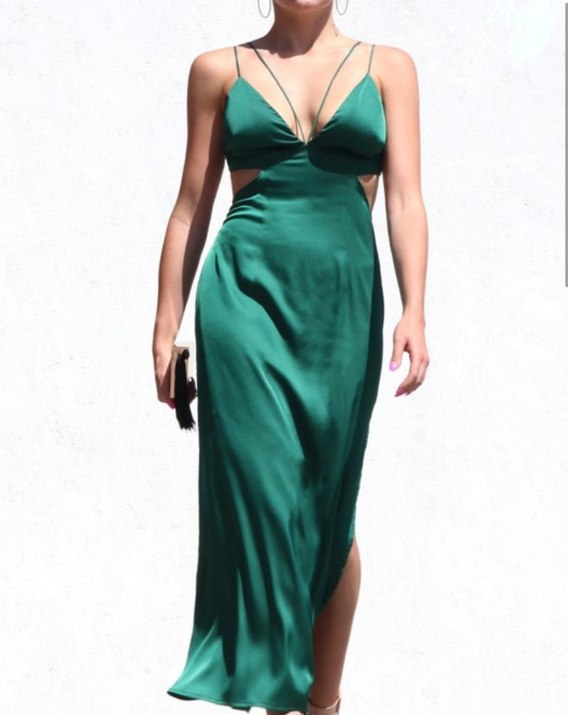 Hunter Green Cutout Satin Long Dress