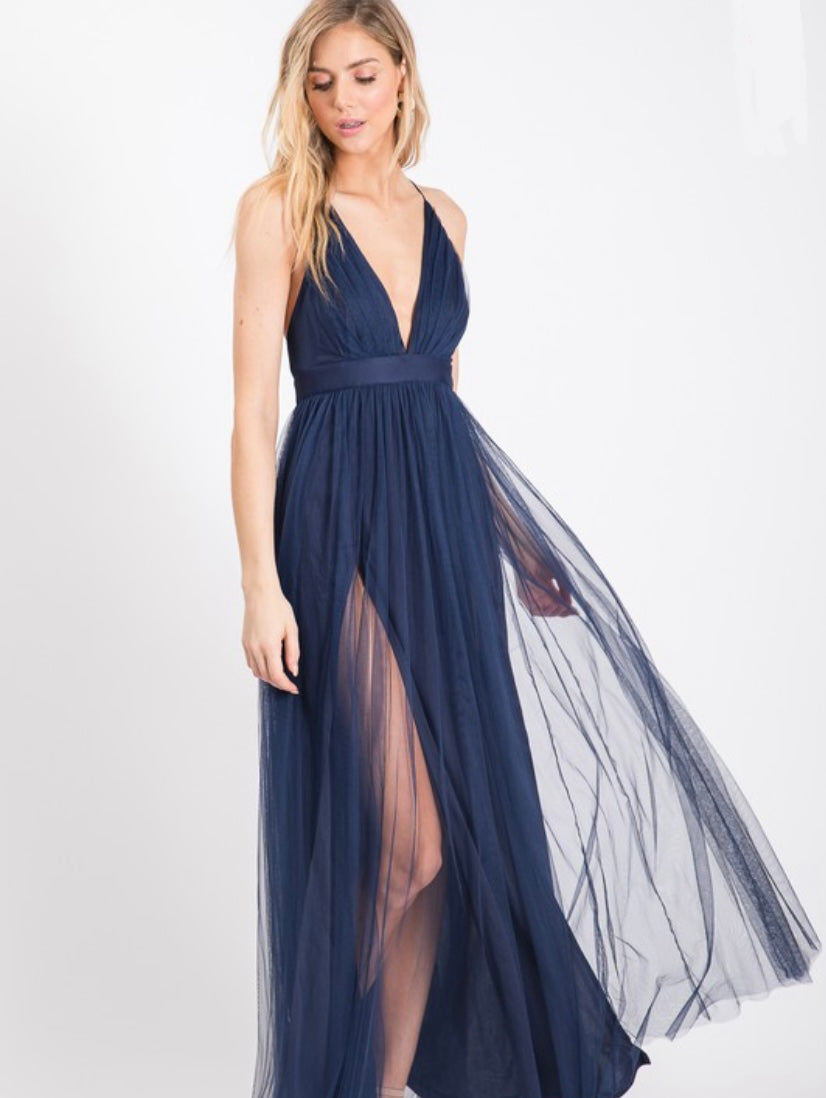 Navy Blue Long Formal Tulle Dress