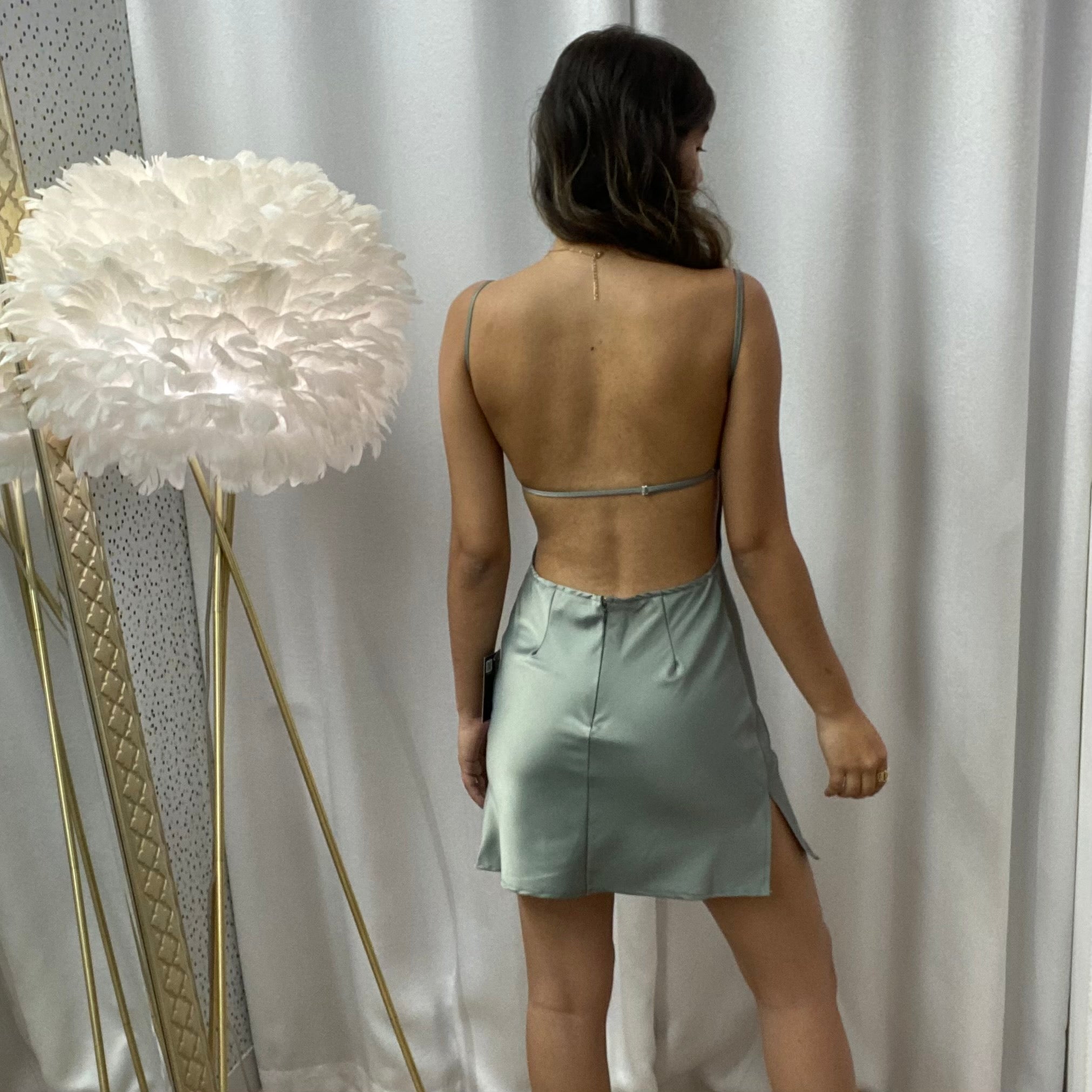 Satin Sage Backless Mini Dress MODALIER Satin Sage Backless Mini Dress MODALIER