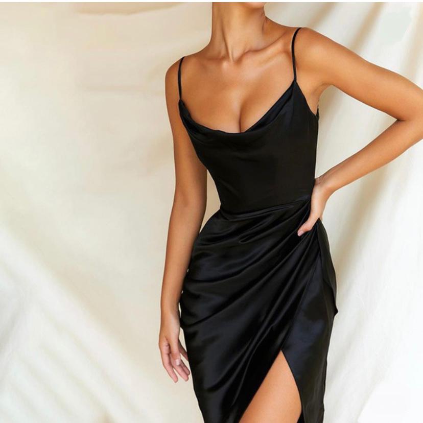 Black Satin High Slit Dress