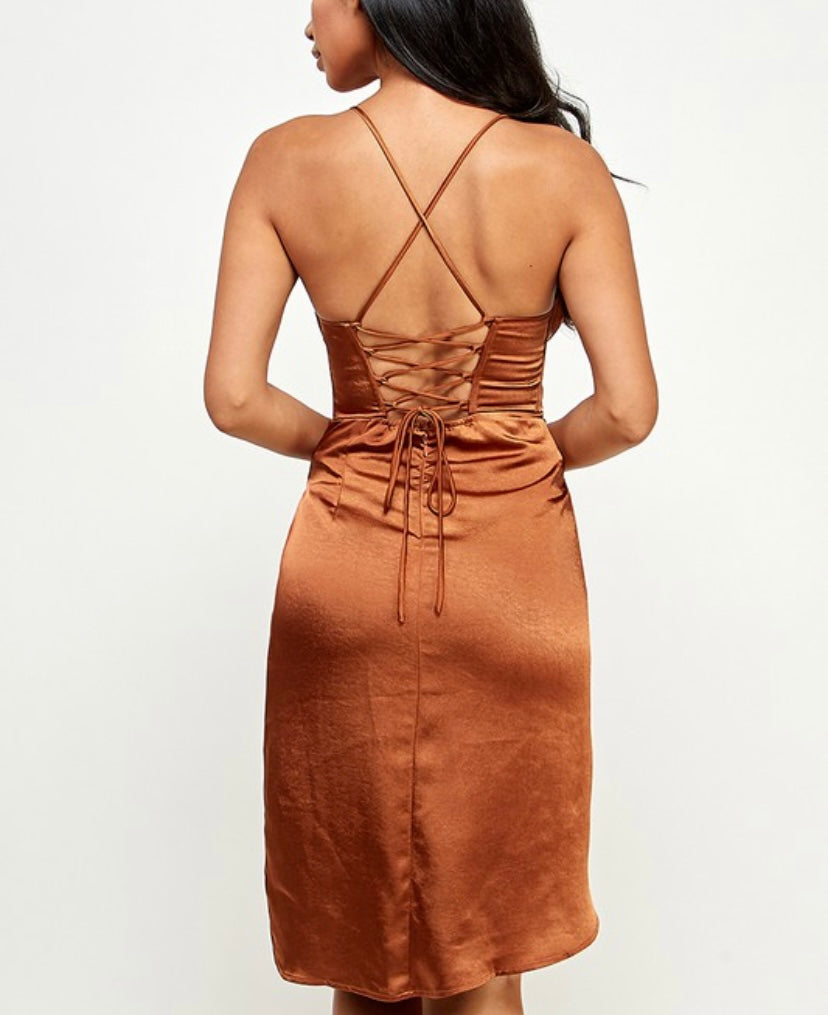 Copper Satin Cowl Neck Corset Dress