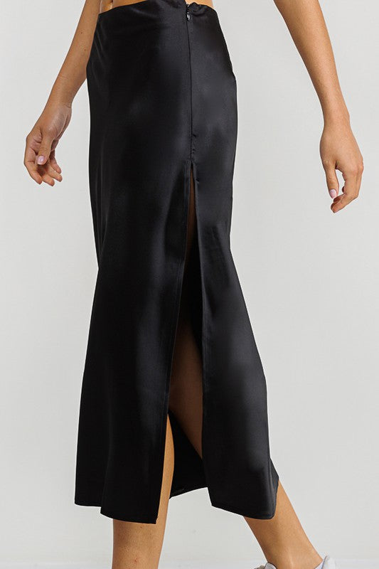 Black High Slit Satin Midi Skirt