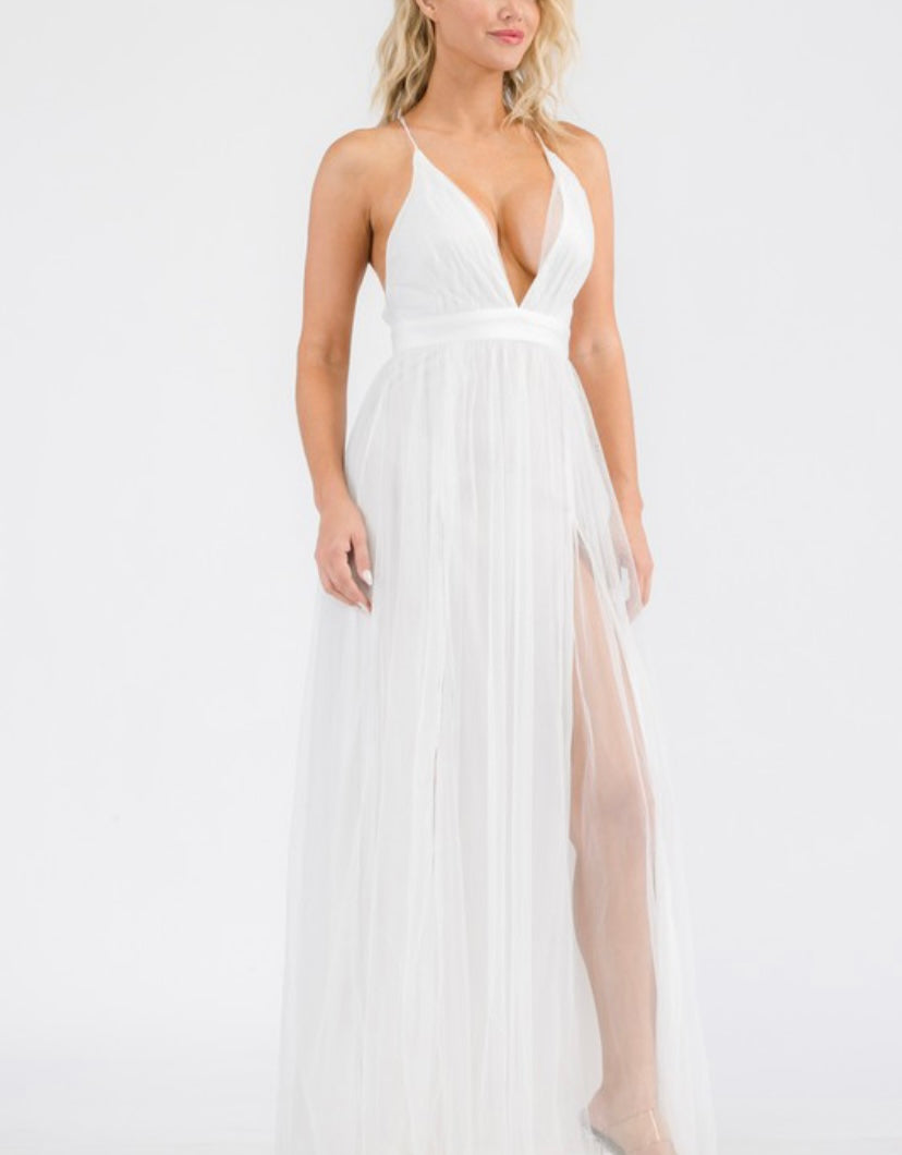 White Long Formal Tulle Dress