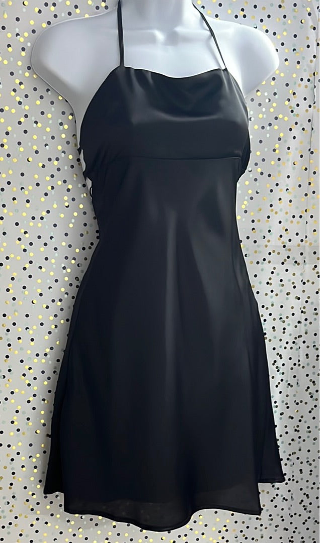 Black Halter Open Back Satin Dress