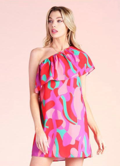 Pink Colorful One Shoulder Dress