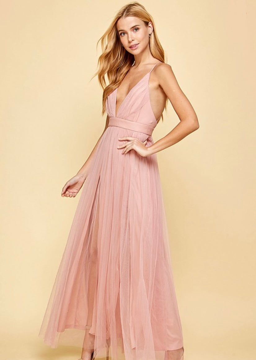 Blush Long Formal Tulle Dress