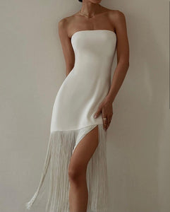 Fringes White Strapless Bodycon Dress