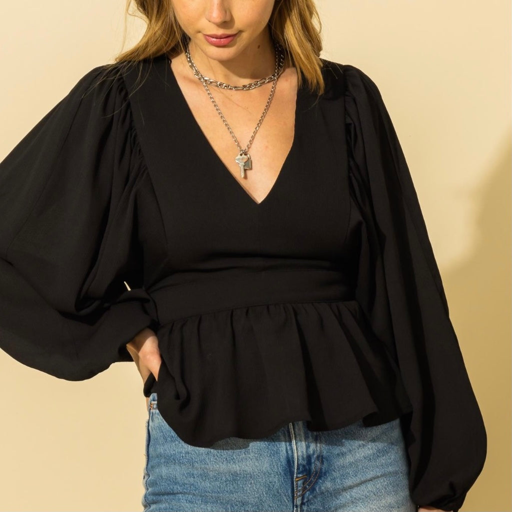 Peplum Balloon Sleeve Blouse