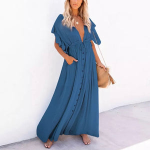 Blue Linen Long Coverup Dress