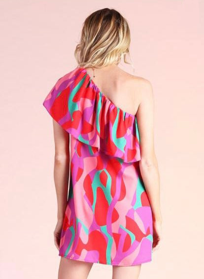 Pink Colorful One Shoulder Dress