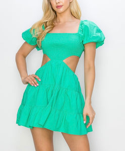 Green Puff Sleeve Cutout Short Dress