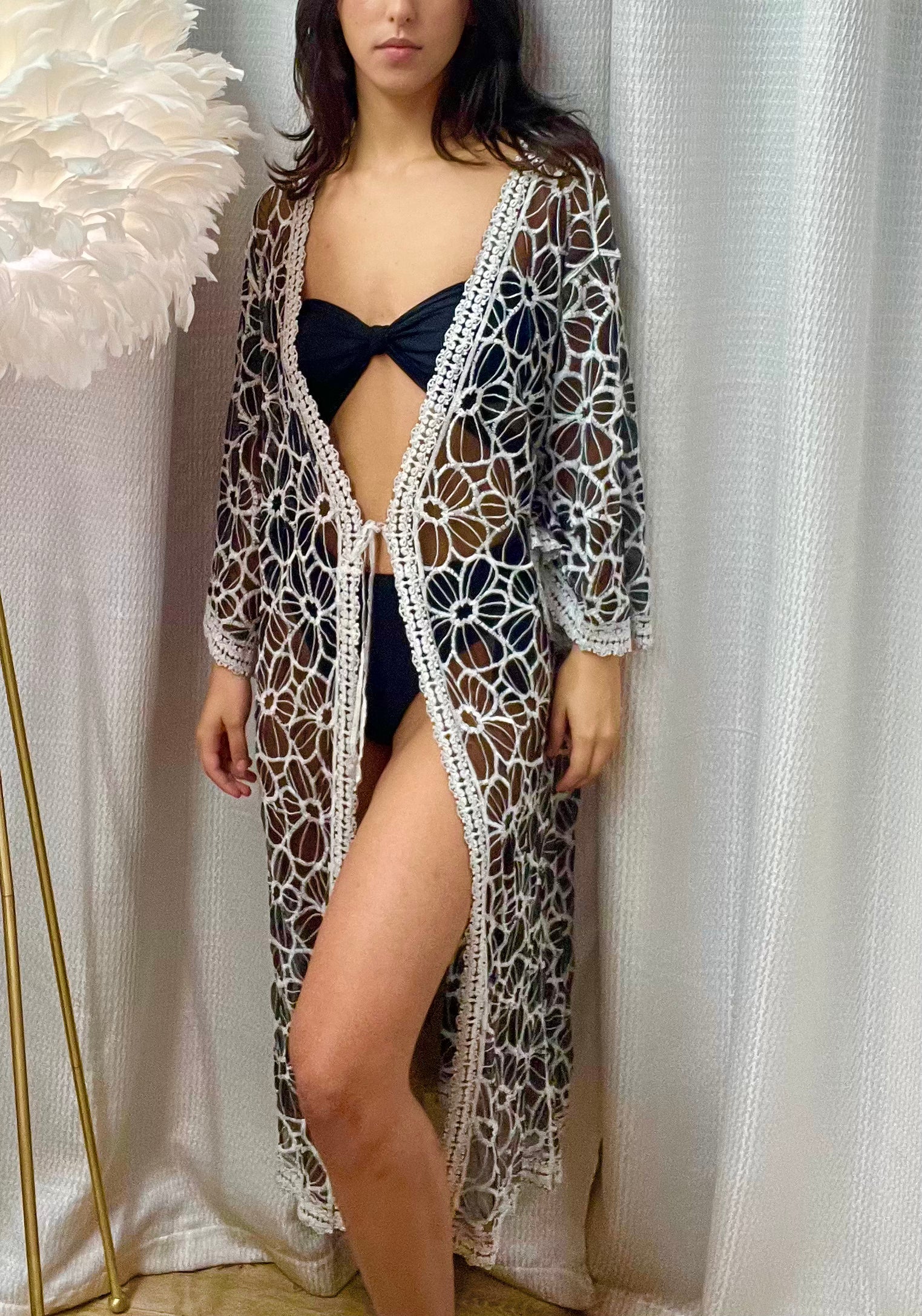 Black and White Floral Patterned Sheer Coverup