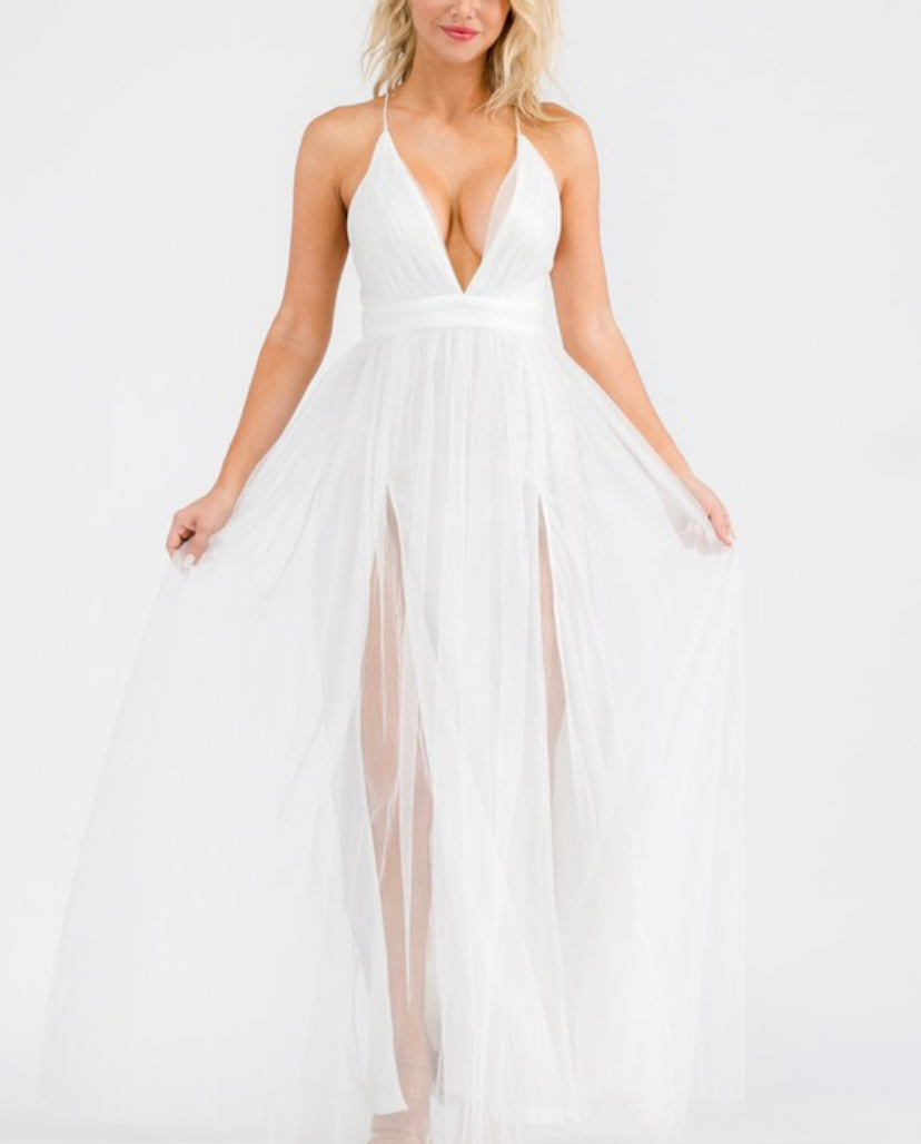 White Long Formal Tulle Dress