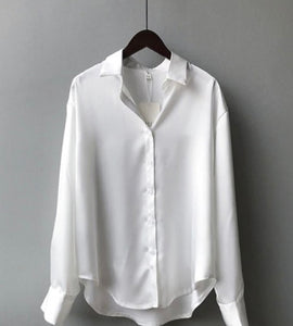 White Long Sleeve Satin Button Down Blouse