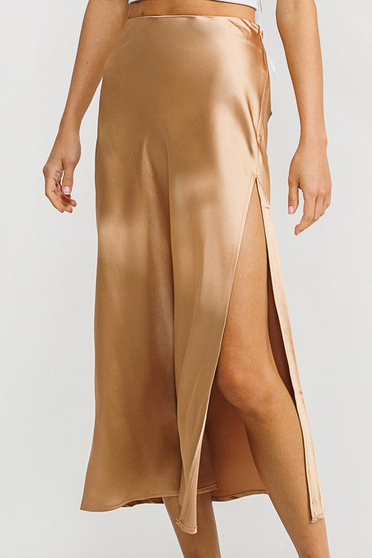 Golden High Slit Satin Midi Skirt