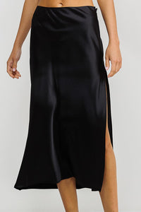 Black High Slit Satin Midi Skirt