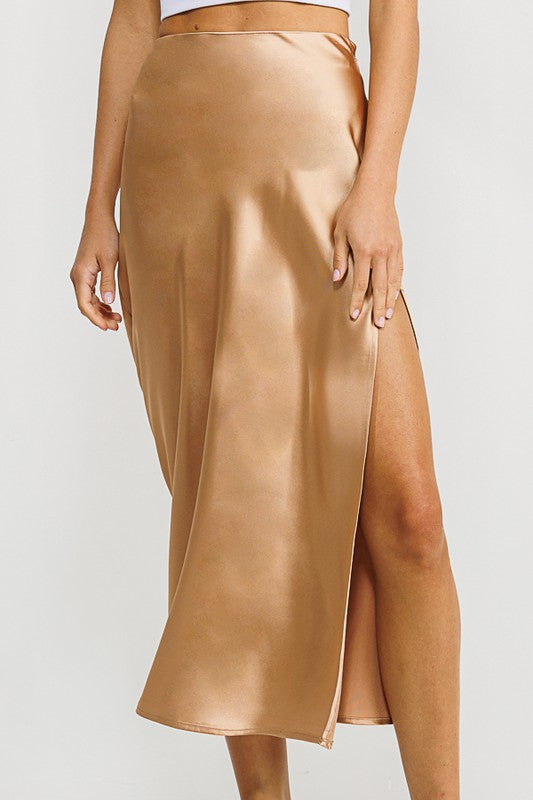 Golden High Slit Satin Midi Skirt