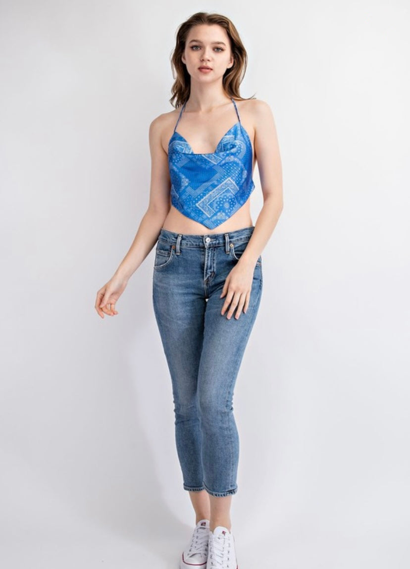 Blue Printed Backless Bandana Top