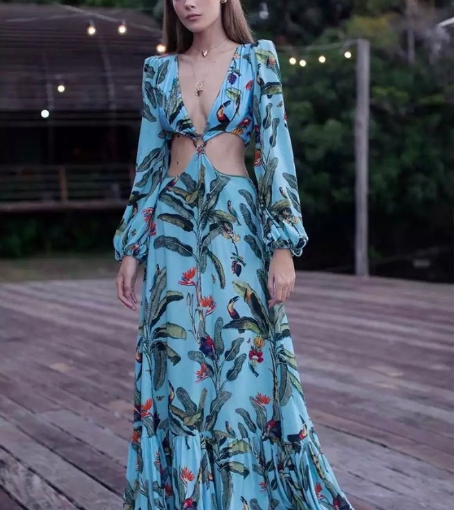 Tropical Print Cutout Maxi Dress