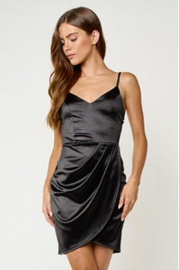 Black Satin Tulip Mini Dress