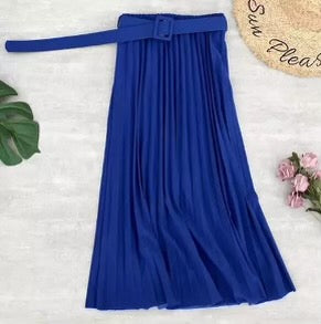 Royal Blue Belted Pleated Midi Skirt