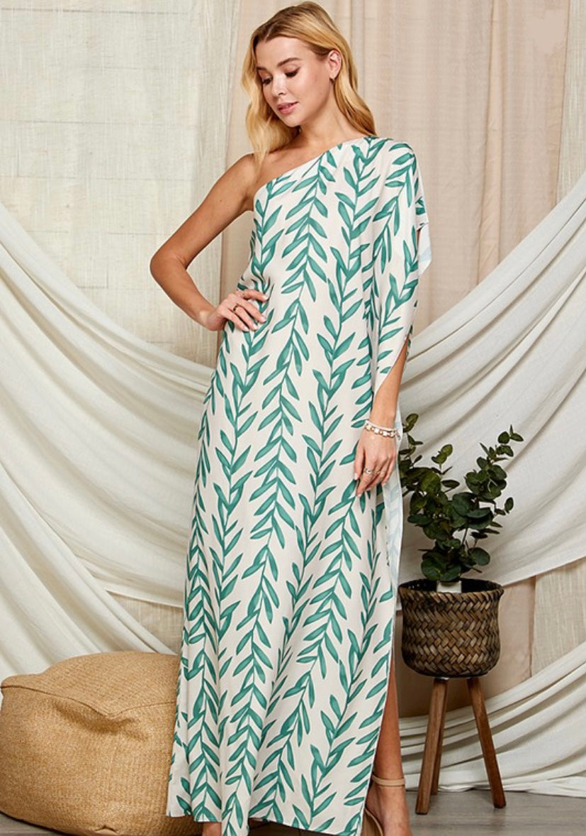 One Shoulder Long Leaf Print Dress